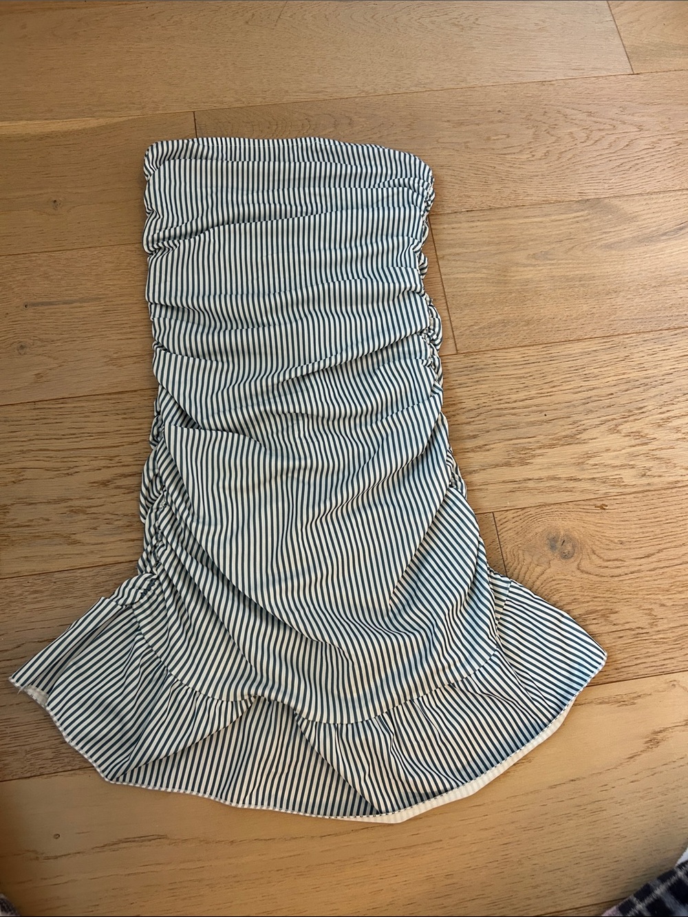 Edikted Gaia Gathered Mini Dress. Blue and white stripe.